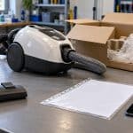 Aspirateur sans marque posé au service après-vente à côté de son carton et d’un dossier de réparation