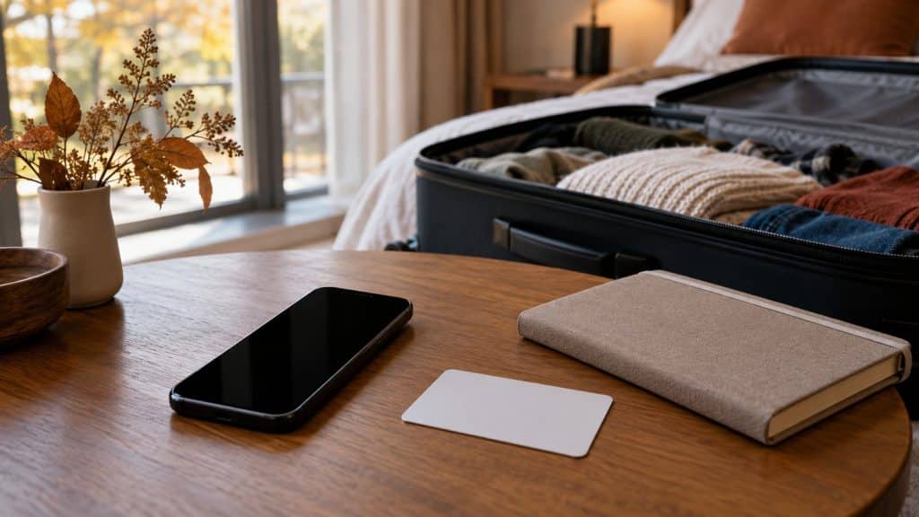 Smartphone, carte vierge et carnet sur une table près d’une valise ouverte dans une chambre.