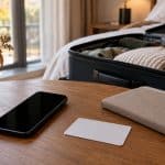 Smartphone, carte vierge et carnet sur une table près d’une valise ouverte dans une chambre.