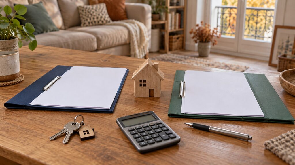 Deux dossiers vierges, une maison miniature, des clés et une calculatrice sur une table de salon