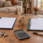 Deux dossiers vierges, une maison miniature, des clés et une calculatrice sur une table de salon