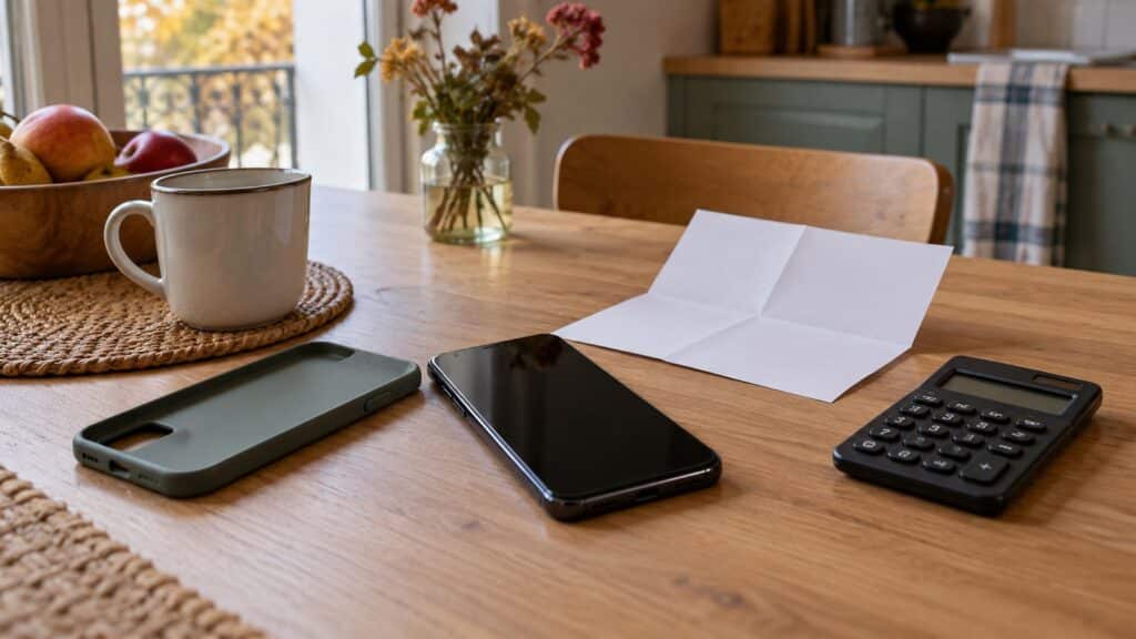 Téléphone éteint, coque et documents posés sur une table pour vérifier une assurance mobile