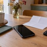 Téléphone éteint, coque et documents posés sur une table pour vérifier une assurance mobile