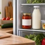 Bocal de sauce tomate, bouteille de lait et boîte alimentaire dans un réfrigérateur ouvert.
