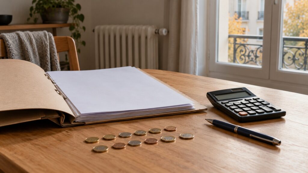 Dossier de documents, calculatrice et pièces sur une table devant un radiateur dans un appartement