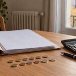 Dossier de documents, calculatrice et pièces sur une table devant un radiateur dans un appartement
