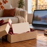 Boîte cadeau ouverte et carte vierge sur une table, avec un ordinateur portable en arrière-plan