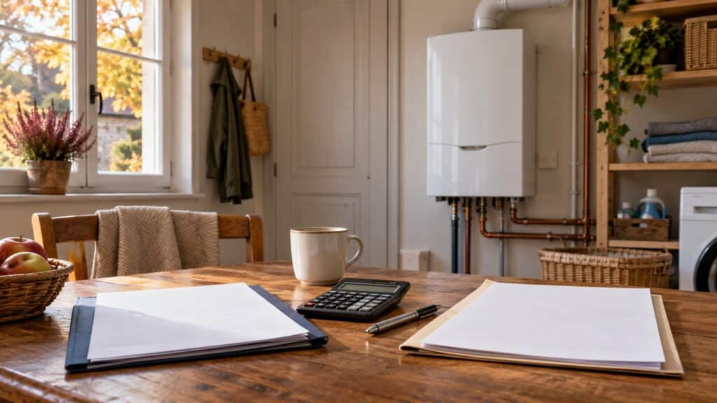 Deux dossiers et une calculatrice sur une table, avec une chaudière murale en arrière-plan