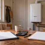 Deux dossiers et une calculatrice sur une table, avec une chaudière murale en arrière-plan
