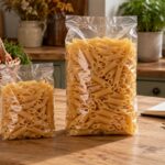 Deux sachets de pâtes de tailles différentes sur une table, avec un panier de courses et un carnet vierge.