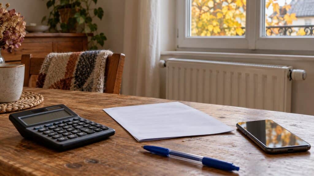 Calculatrice, feuilles et téléphone sur une table devant un radiateur, pour préparer le budget énergie du foyer