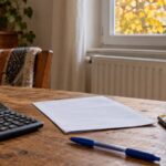 Calculatrice, feuilles et téléphone sur une table devant un radiateur, pour préparer le budget énergie du foyer