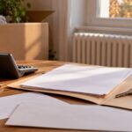 Dernières factures à contrôler sur une table avec calculatrice, clés et carton de déménagement près d’un radiateur