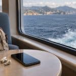 Téléphone à écran éteint posé près de la fenêtre d’un ferry avec vue sur la mer et la côte
