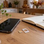 Smartphone, carte SIM et carnet posés sur une table pour préparer un changement de forfait mobile