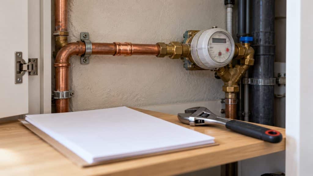 Compteur d’eau et canalisation en cuivre dans un placard, avec dossier vierge et clé de plomberie.