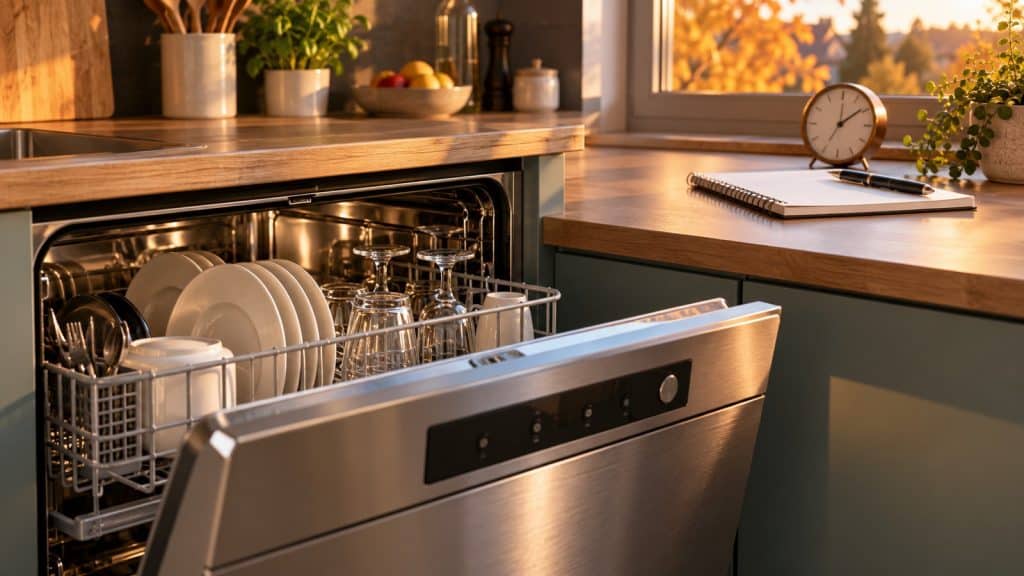 Lave-vaisselle ouvert dans une cuisine, avec un carnet et une horloge sur le plan de travail