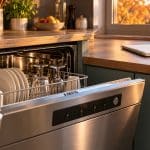 Lave-vaisselle ouvert dans une cuisine, avec un carnet et une horloge sur le plan de travail