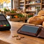 Terminal de paiement, portefeuille et petites courses sur le comptoir en bois d’une épicerie