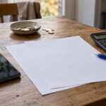 Smartphone éteint, documents vierges, calculatrice et stylo sur une table en bois pour vérifier les dépenses du foyer
