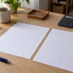 Deux feuilles vierges, un téléphone et une calculatrice sur un bureau, illustration du contrôle des frais bancaires