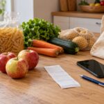 Courses alimentaires, ticket retourné et téléphone posés sur une table pour vérifier le montant des achats