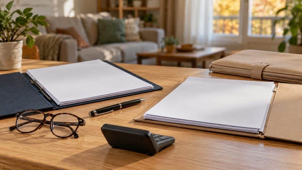 Dossiers ouverts, lunettes, stylo et calculatrice sur une table pour préparer un budget de frais juridiques