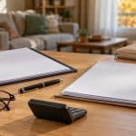 Dossiers ouverts, lunettes, stylo et calculatrice sur une table pour préparer un budget de frais juridiques