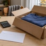 Carton ouvert contenant un pull bleu, avec une calculatrice et une enveloppe sur une table pour préparer un retour d’achat en ligne