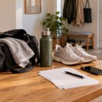 Sac de sport, baskets, gourde et documents à contrôler près d’un téléphone sur une table