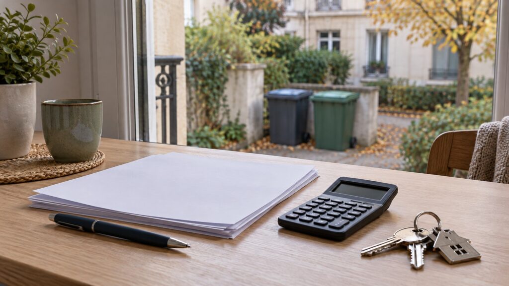 Documents, calculatrice et clés sur une table, avec des bacs à déchets dans la cour d’un immeuble en arrière-plan