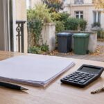 Documents, calculatrice et clés sur une table, avec des bacs à déchets dans la cour d’un immeuble en arrière-plan